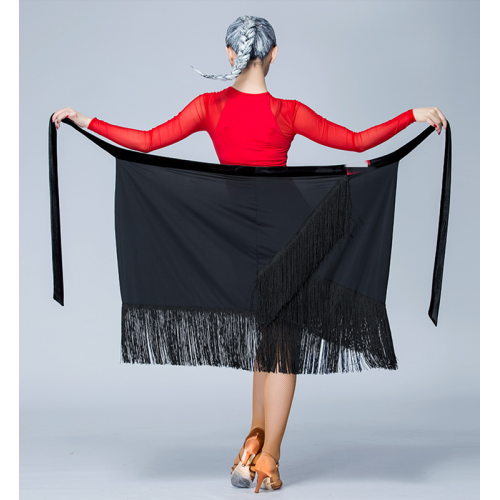 Tassels black red latin dance skirt for women pratice modern dance hip scarf skirts salsa chacha dance skirts